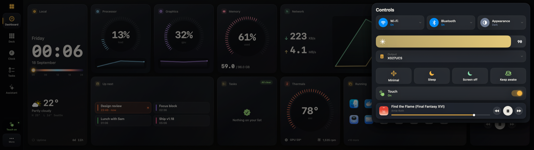 Control centre with Wi-Fi, Bluetooth, brightness and media